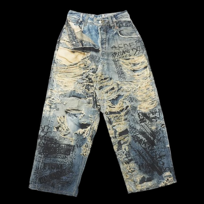 Acne Studios 2023m torn scribble trompe l'oeil denim jeans.