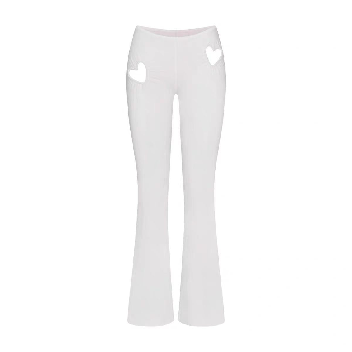 Black pants with a heart cut-out design at the waist and a relaxed fit.