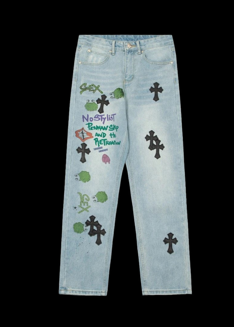 Faded vintage wash denim jeans with premium heavyweight cotton and detailed stitching.