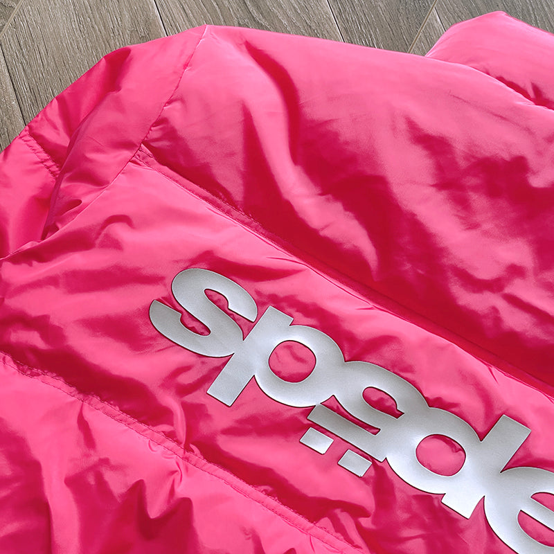 Pink Sp5der 5Star Puffer Jacket with a sleek design and durable insulation for warmth.