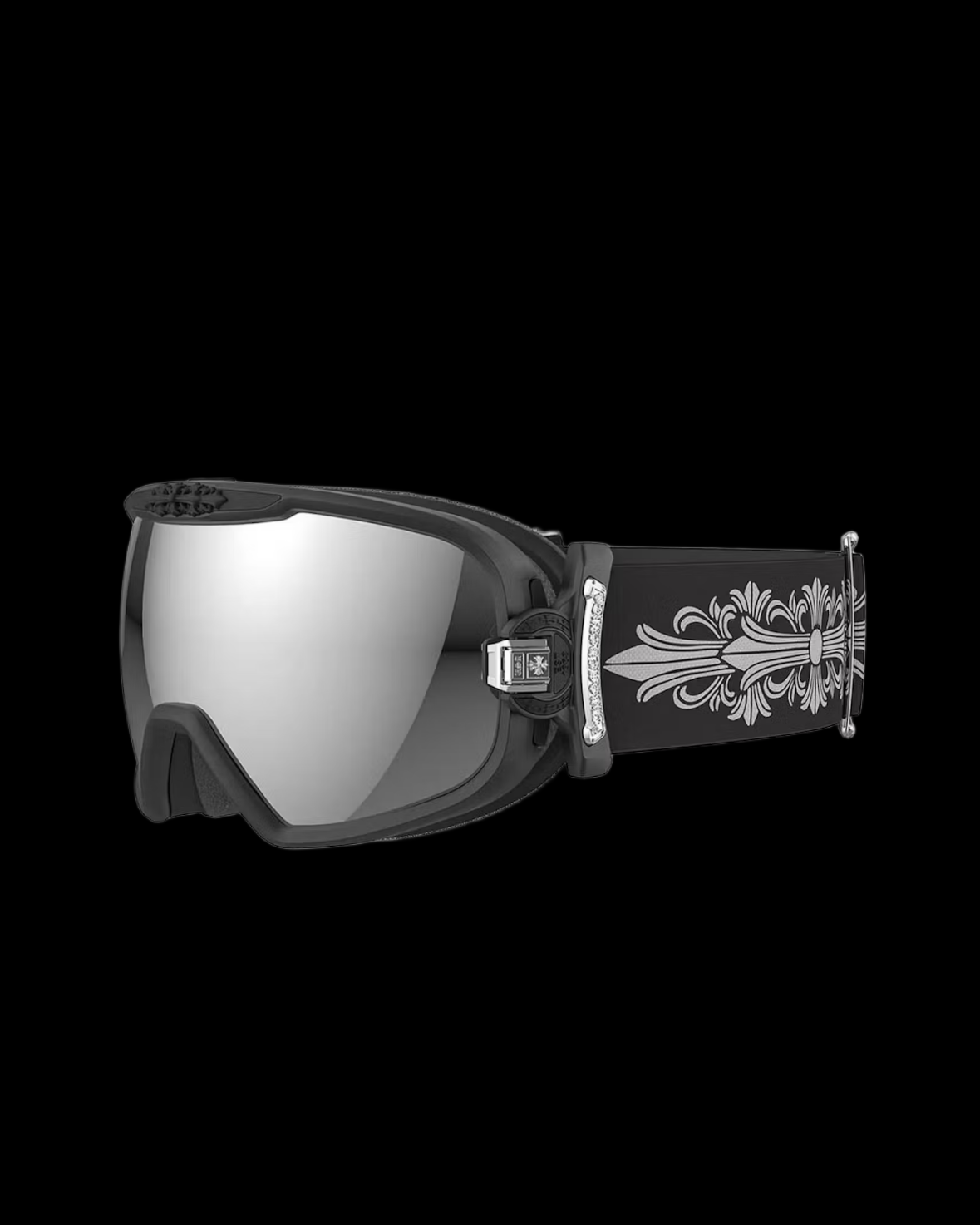 Chrome Hearts snow goggles with a sleek black frame and tinted lenses for winter sports.