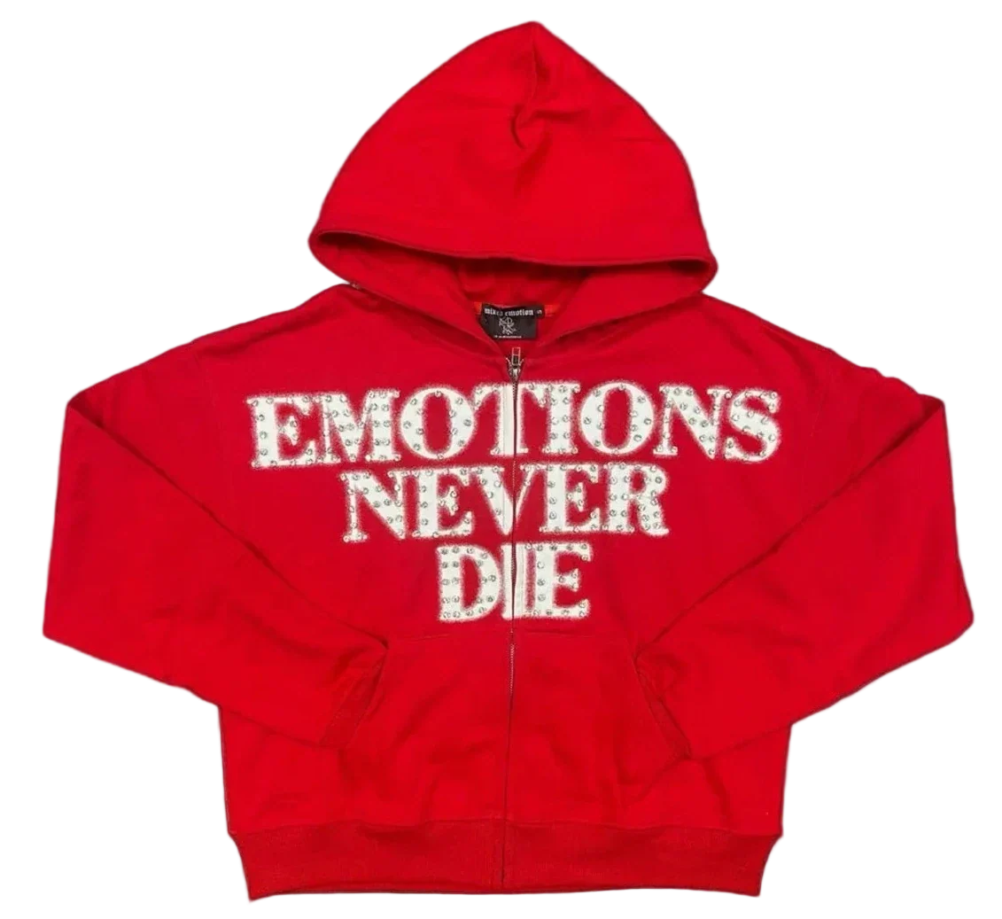 Mixed Emotions Emotions Never Die Rhinestone Hoodie Zip-Up Red