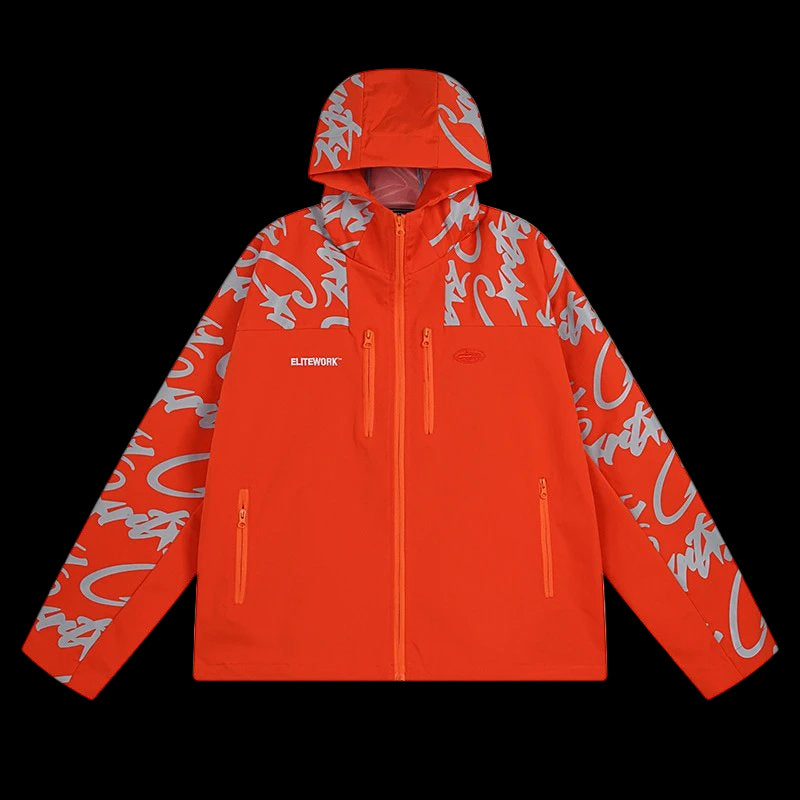 Waterproof shell jacket in black with adjustable hood and zippered pockets for outdoor use.