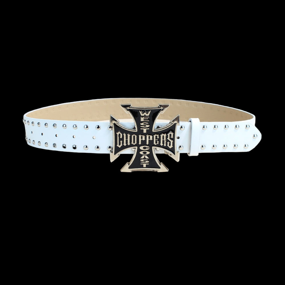 White leather belt with a large West Coast Choppers cross buckle.