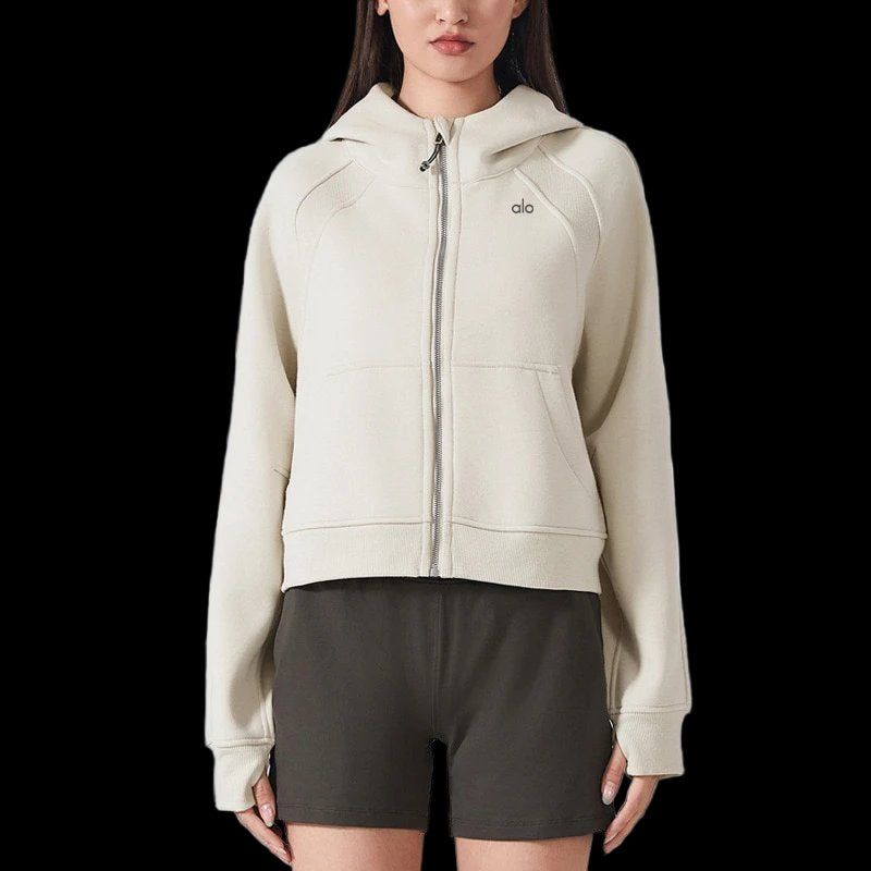 Alo hoodie zip-up in heavyweight cotton with vintage wash, ribbed crewneck, and short sleeves.