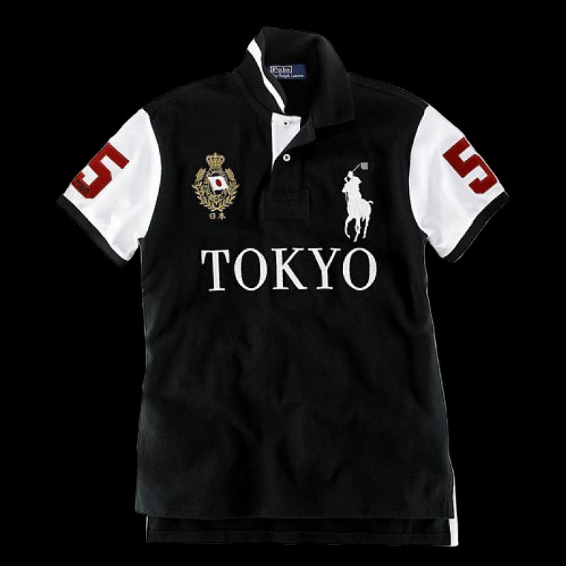 Ralph Lauren black polo shirt with white sleeves and "Tokyo" text.