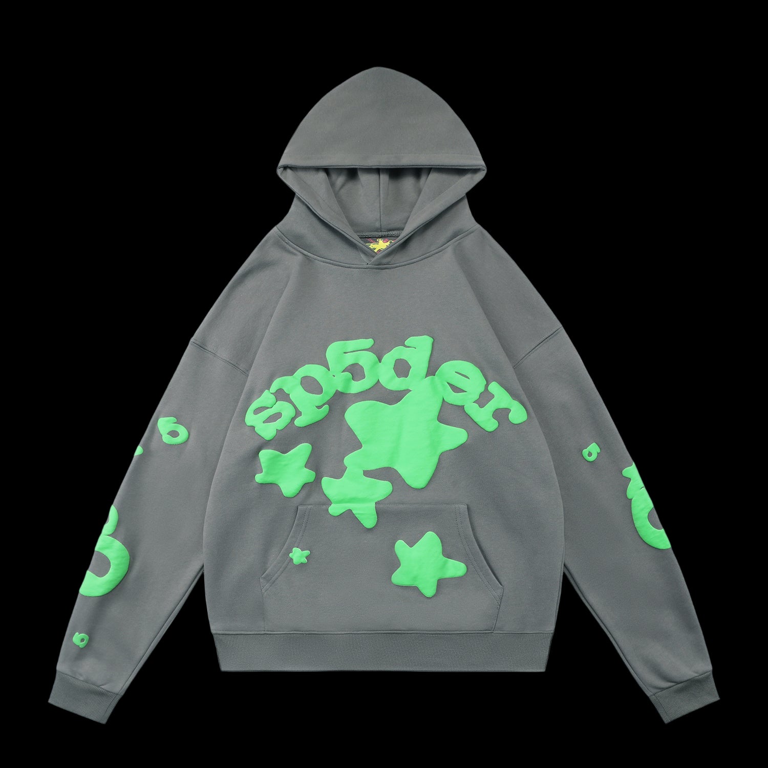 A cozy Sp5der hoodie with a ribbed crewneck and short sleeves, available in 26 colors.