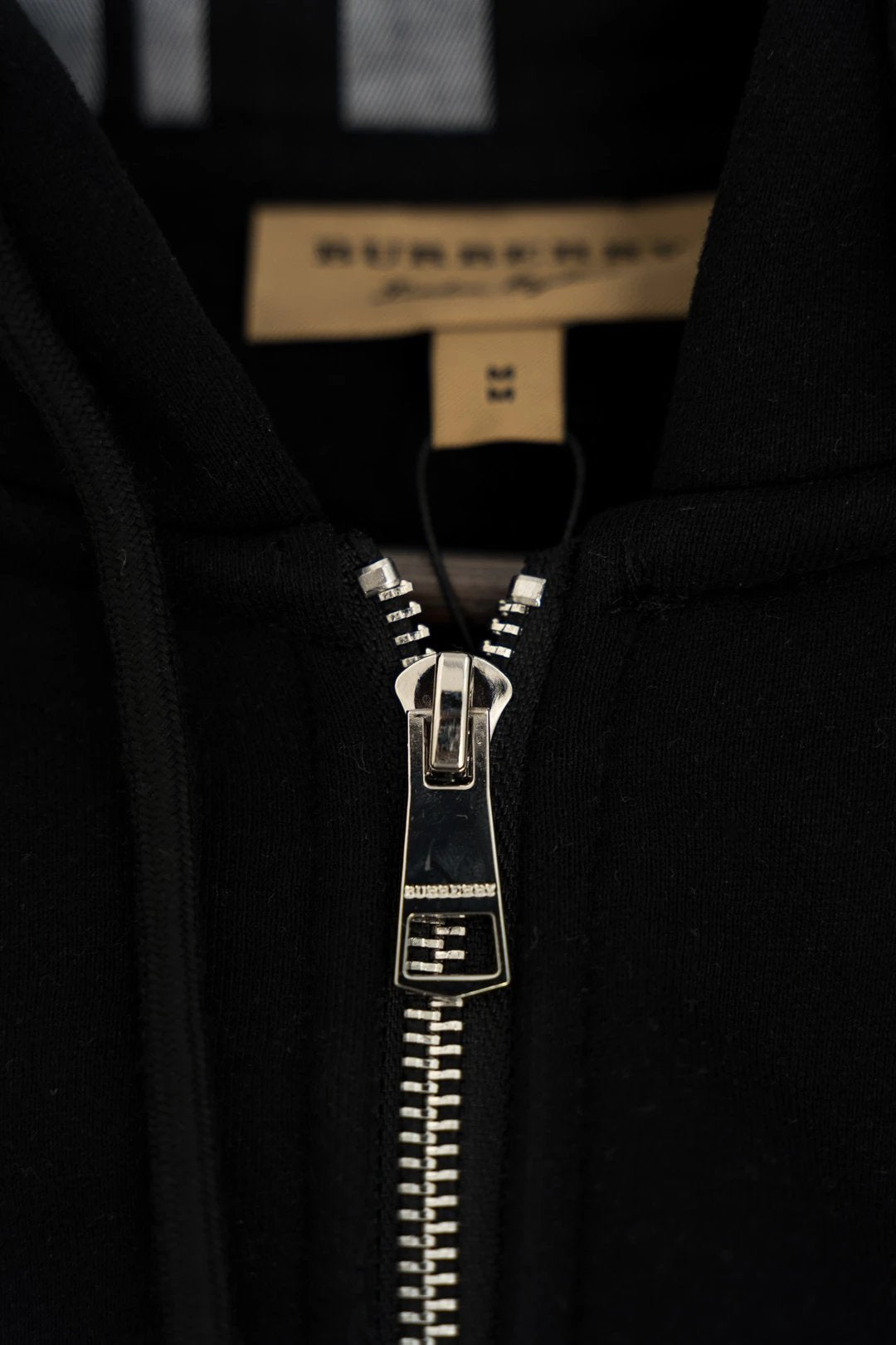 Burberry zip-up hoodie in heavyweight cotton with a check hood and ribbed crewneck.