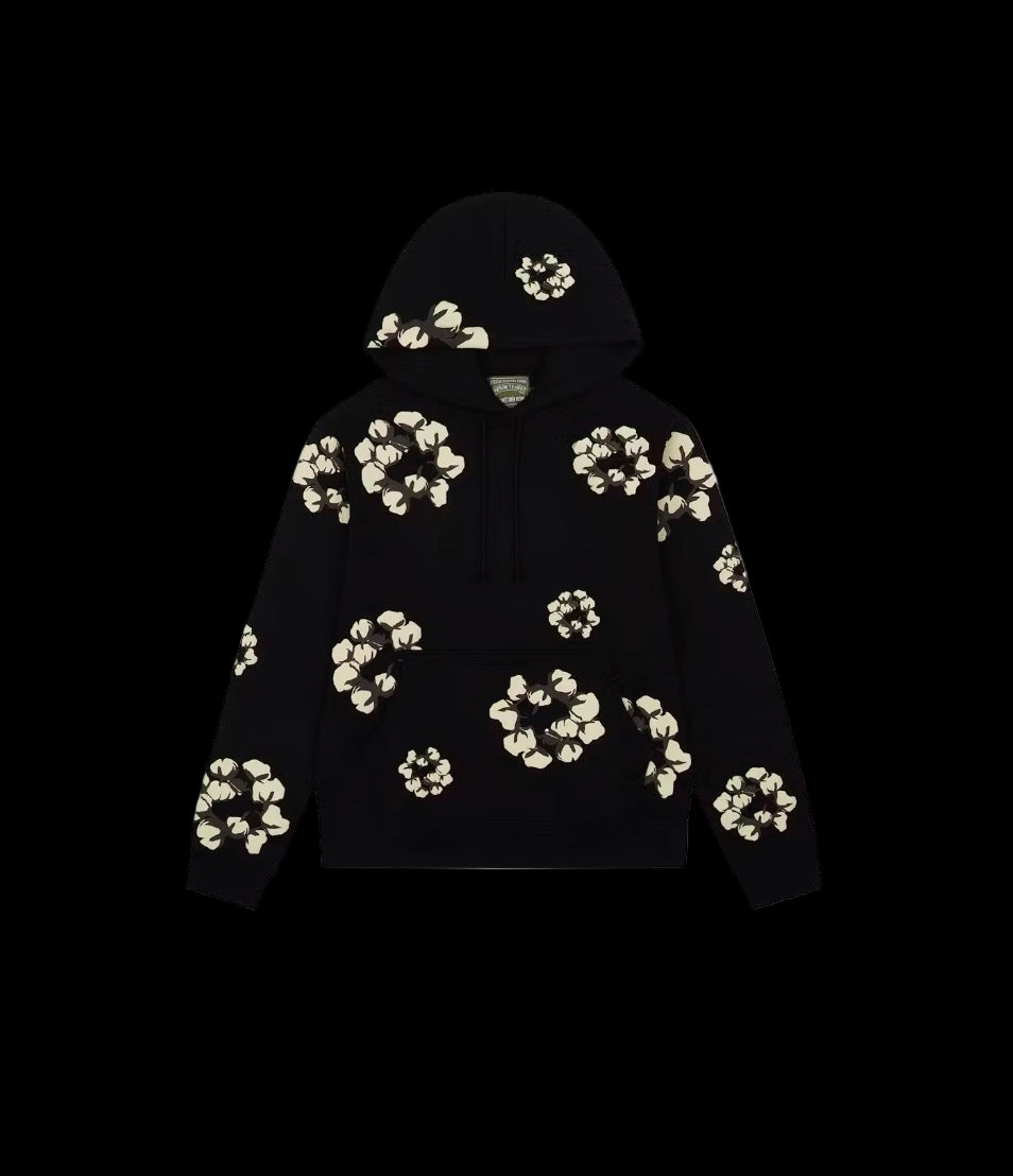 Denim Tears x CPFM hoodie with faded wash and Cactus Tears wreath graphic on front and back