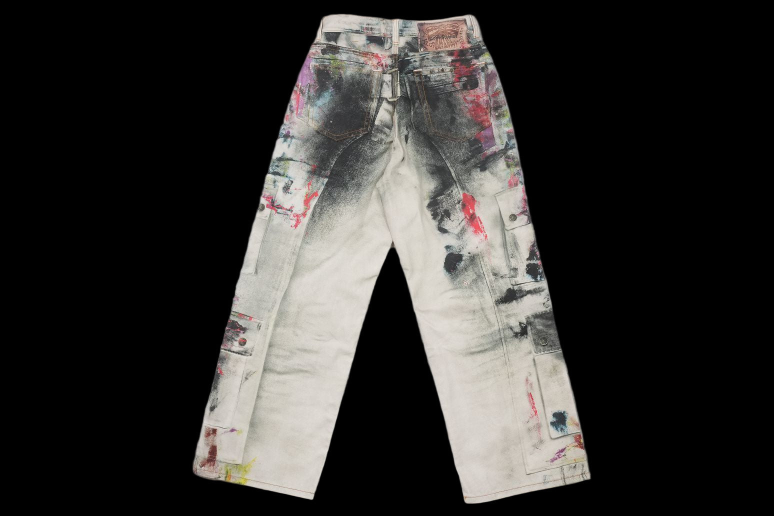 Acne Studios 1981 wide-leg jeans with trompe l'oeil print in neutrals.