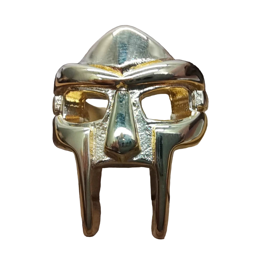 MF DOOM mask ring made of silver and gold.