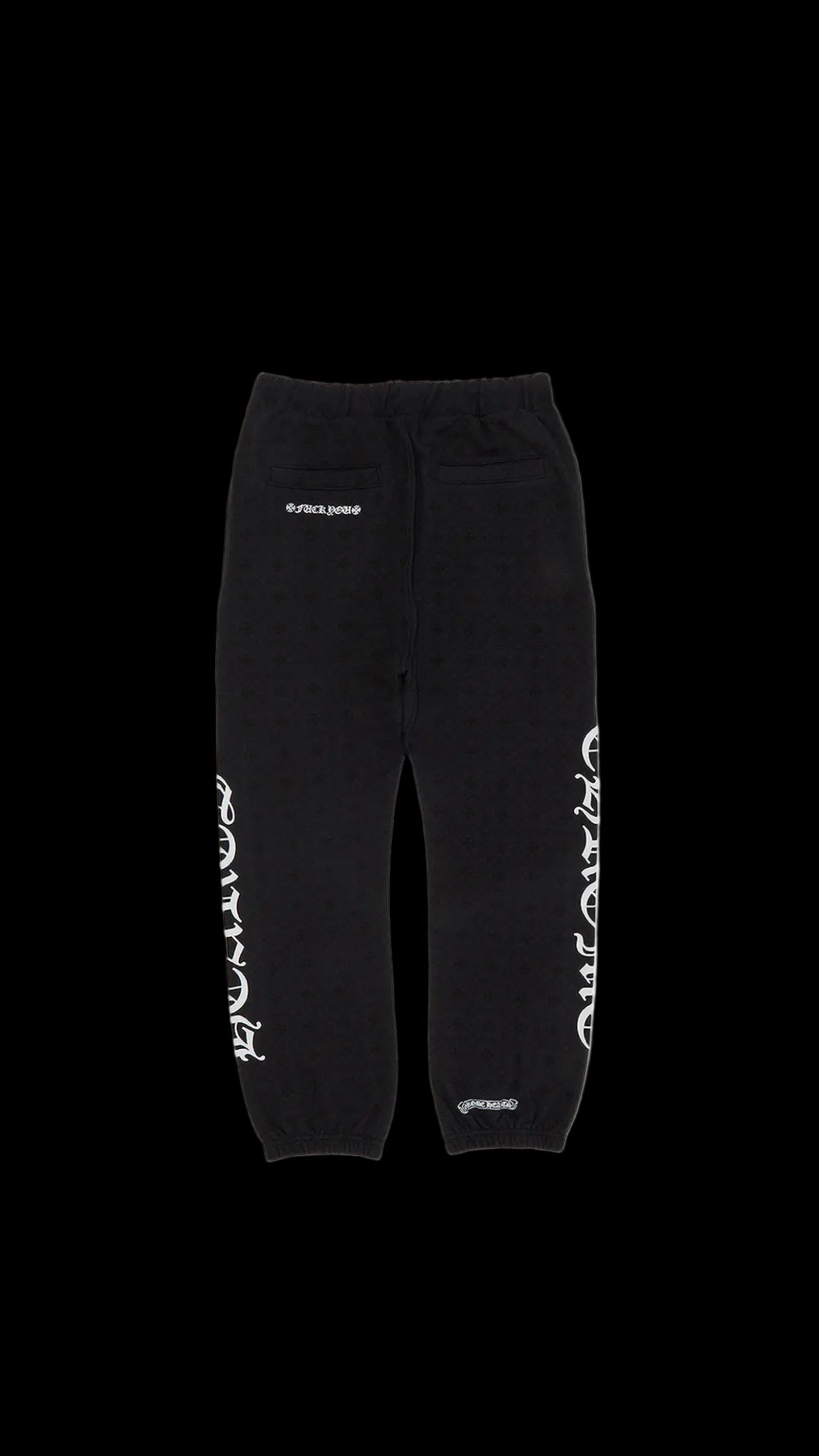 Black sweatpants featuring a prominent Chrome Hearts horseshoe logo and a vintage faded wash.