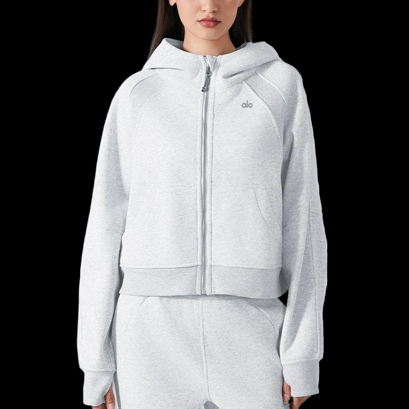 Alo Hoodie Zip-Up in heavyweight cotton with vintage wash, ribbed crewneck, and short sleeves.