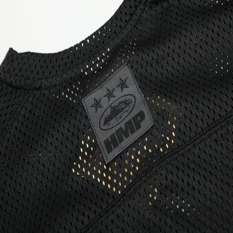 Black mesh jersey featuring 21 Savage graphics and a relaxed fit for urban style.