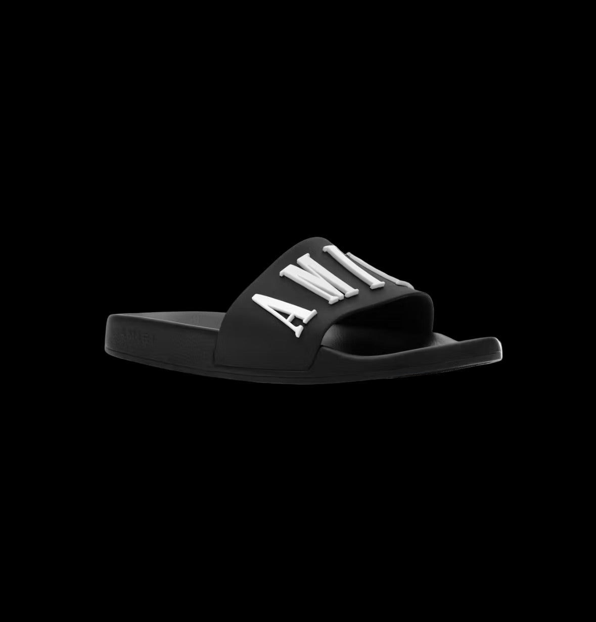 Black Amiri pool slides with wide straps and textured footbed for casual wear