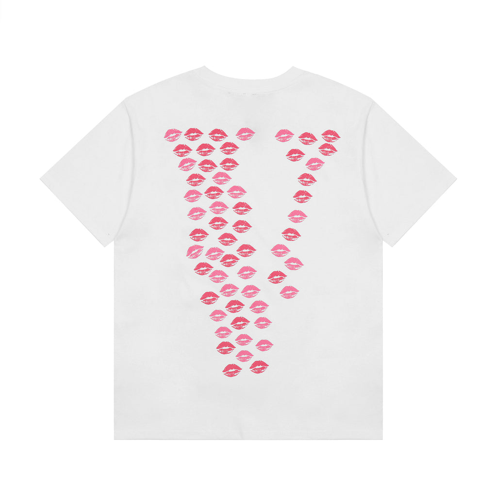 Vlone white t-shirt with a pink lip print design.