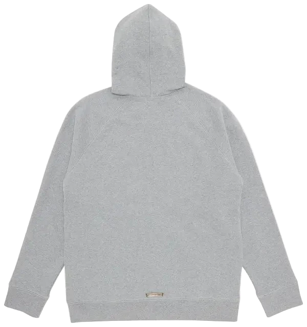 Grey heather zip-up hoodie with triple leather cross design and ribbed crewneck.