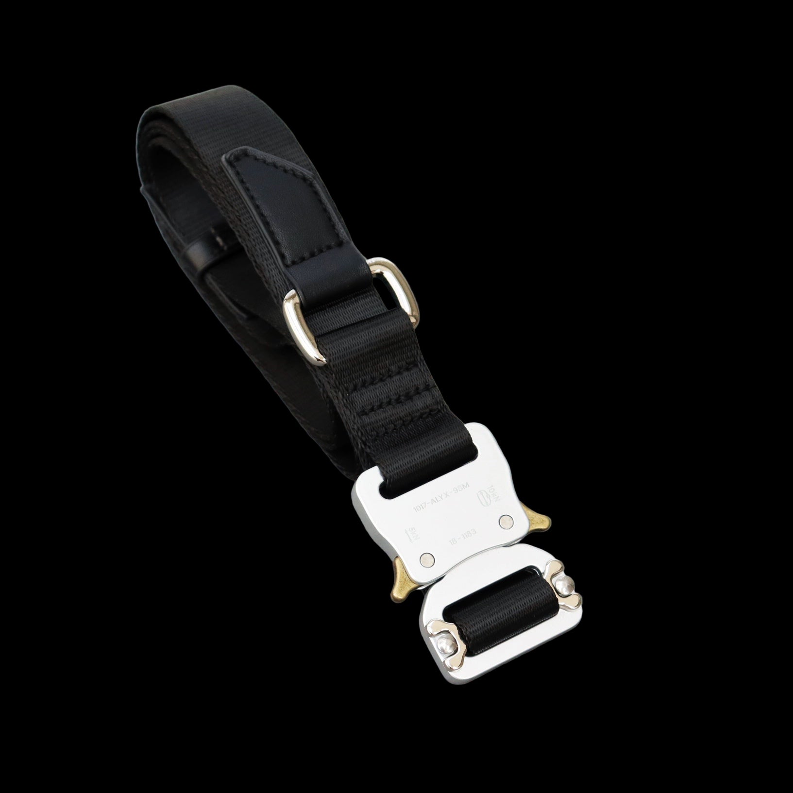 Black Alyx Belt with metal buckle and sleek, modern design suitable for casual or formal wear