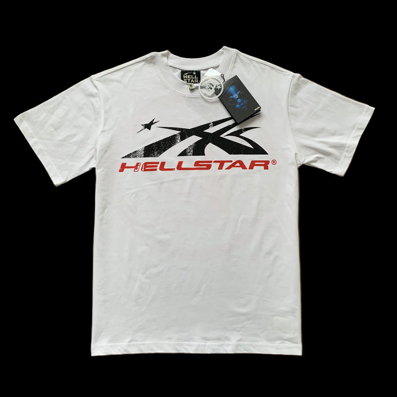 A collection of Hellstar T-shirts in various colors with a ribbed crewneck and short sleeves.