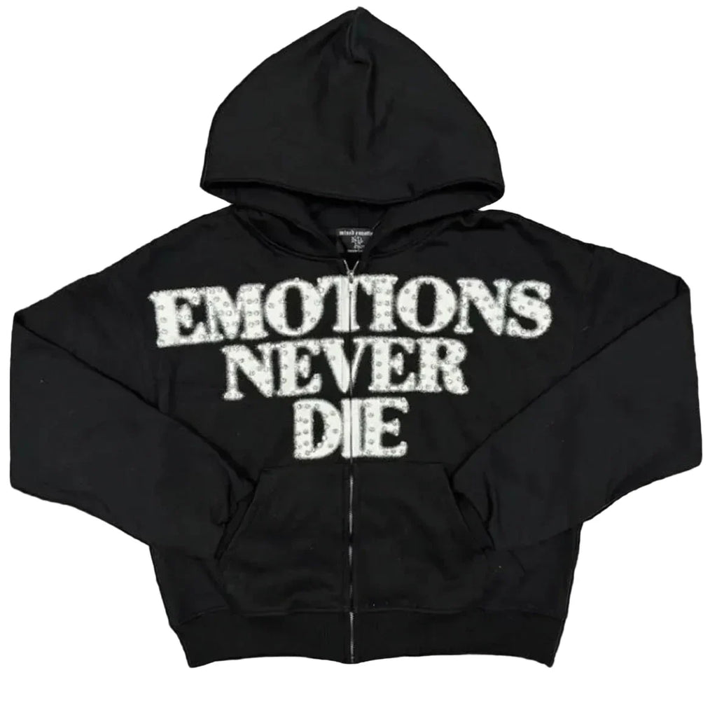 Mixed Emotions Emotions Never Die Rhinestone Hoodie Zip-Up Black