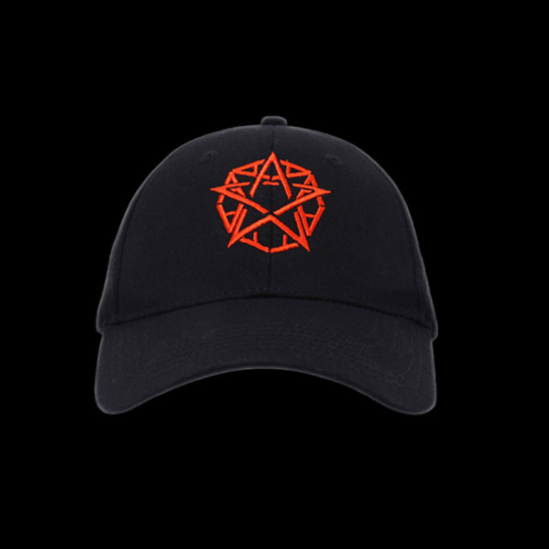 Black baseball cap with an orange pentagram logo.