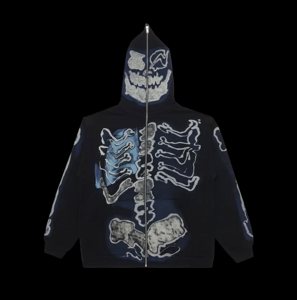 Black zip-up jacket featuring "Rhude Roadway Racing" graphic and ribbed crewneck.