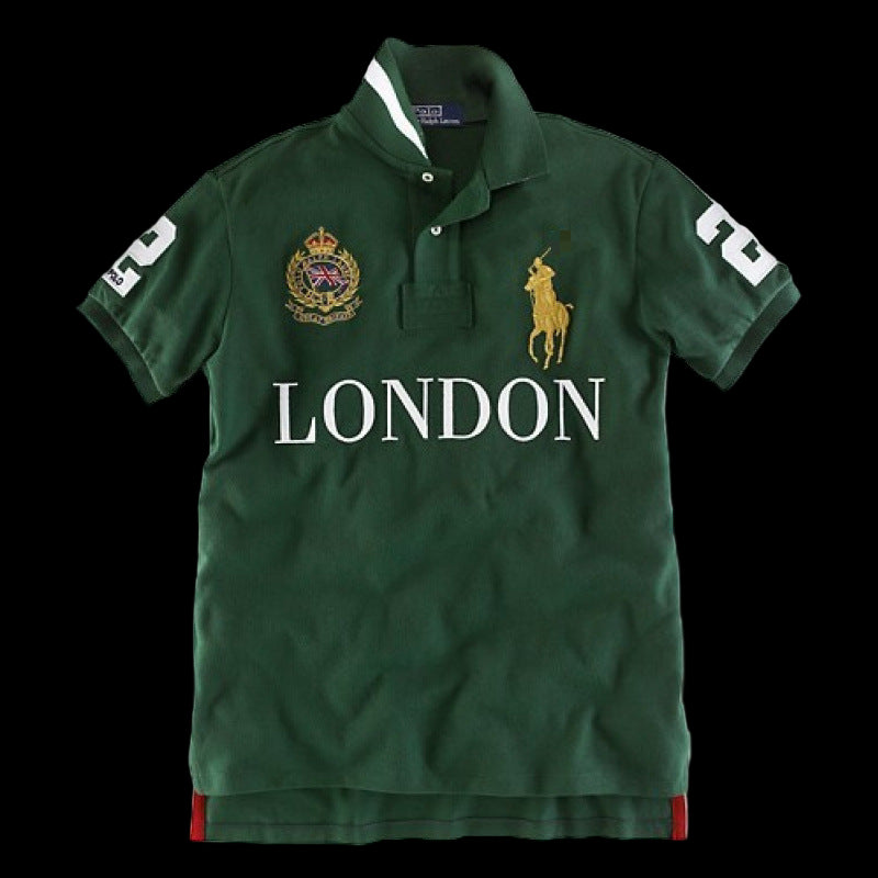 Green Ralph Lauren polo shirt with "LONDON" text and crest.