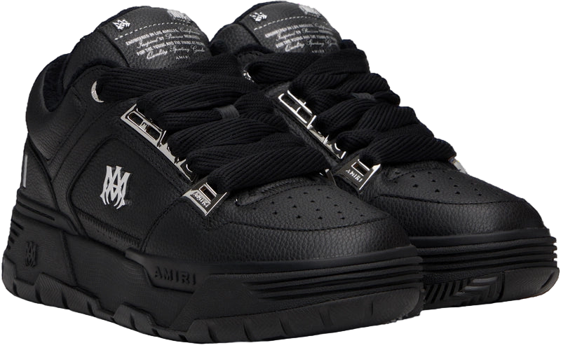 Amiri MA-1 black leather sneakers with silver accents.