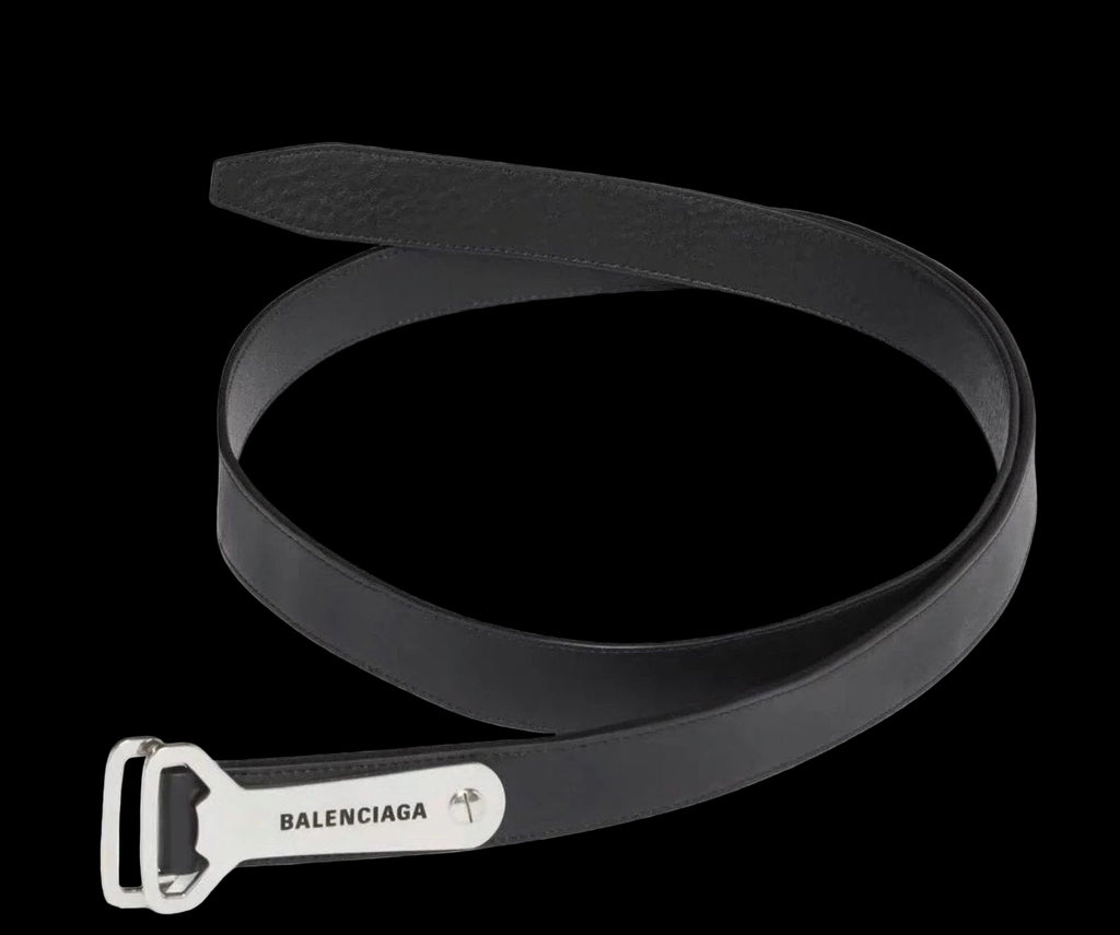 A stylish black belt featuring a built-in bottle opener for practical use and fashionable appeal.