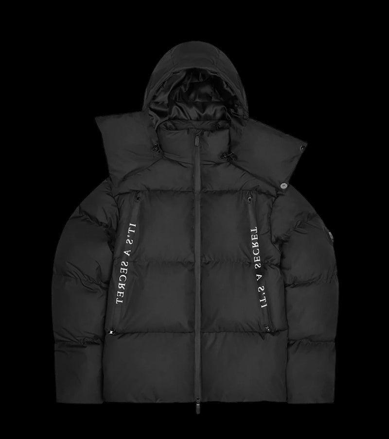 Black puffer jacket with unique Cough Syrup design and unisex fit for stylish layering.