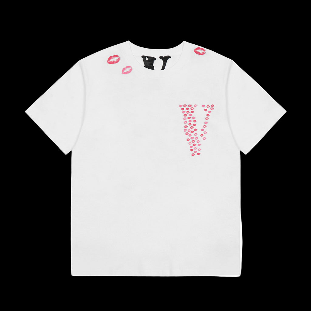 Vlone white t-shirt with pink lip prints and a black V logo.