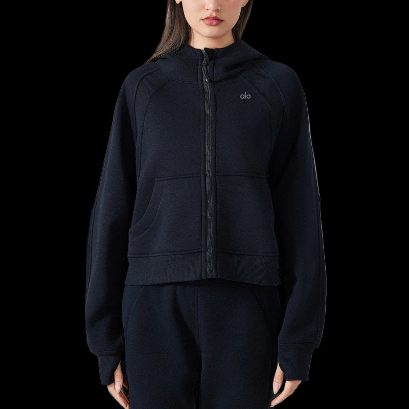 Alo hoodie zip-up with vintage wash, ribbed crewneck, short sleeves, and heavyweight cotton fabric