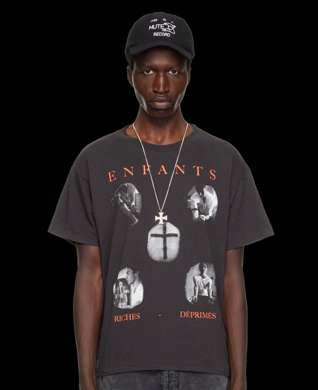 Black cotton tee with faded wash and heroin needle graphic on front