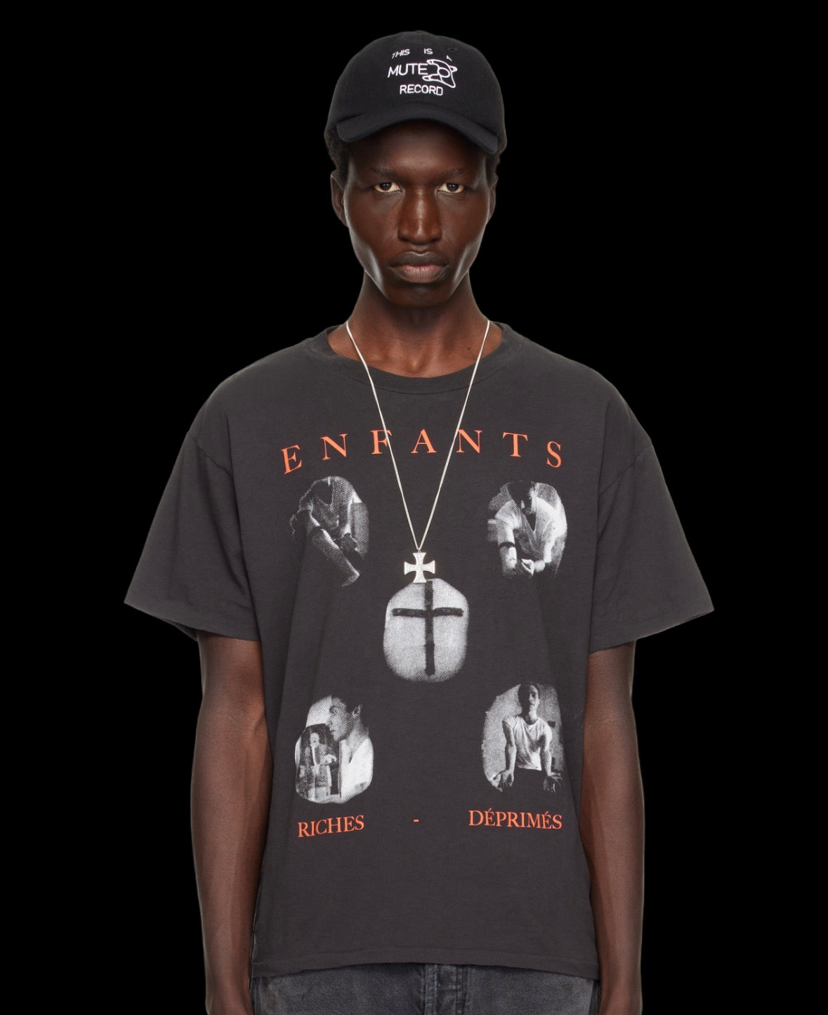 Black cotton tee with faded wash and heroin needle graphic on front