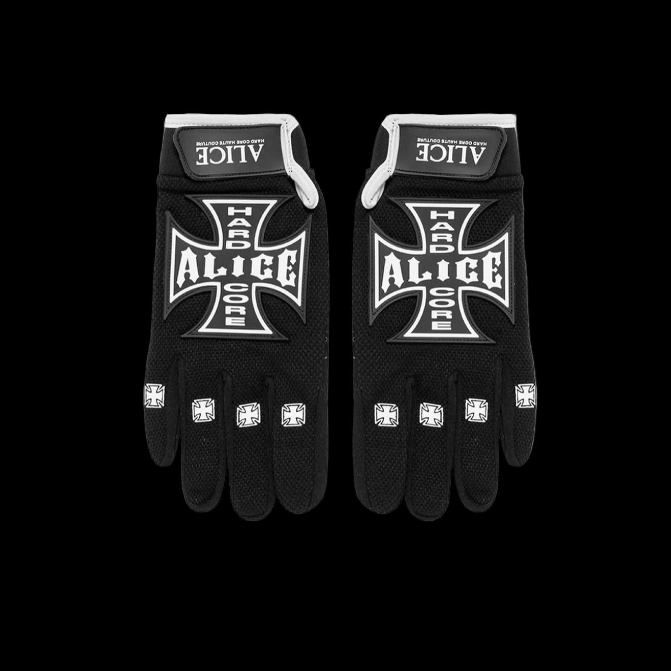 Black Alice Hollywood gloves with white Iron Cross and text graphics.