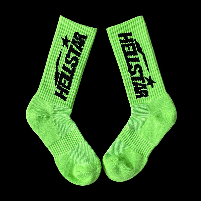 Colorful Hellstar socks displayed in various styles and textures on a neutral background.