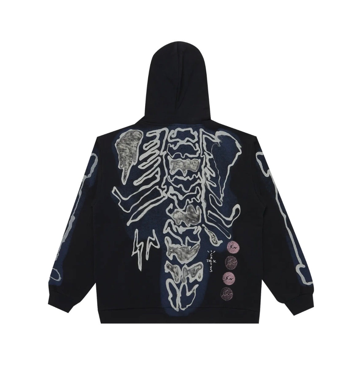 Travis Scott Cactus Jack zip-up with skeleton print, faded wash, ribbed crewneck, and short sleeves