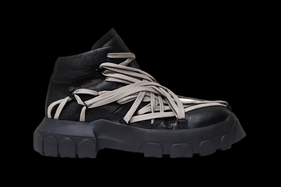 Rick Owens black Tecuatl Tractor sneakers with chunky sole and leather upper.
