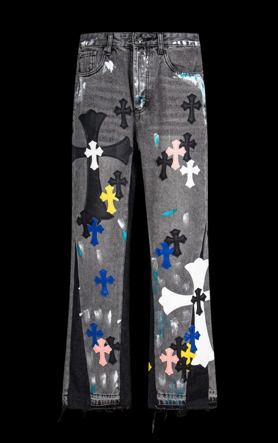 Multi-painted denim with a vintage wash and unique graphic designs on front and back.