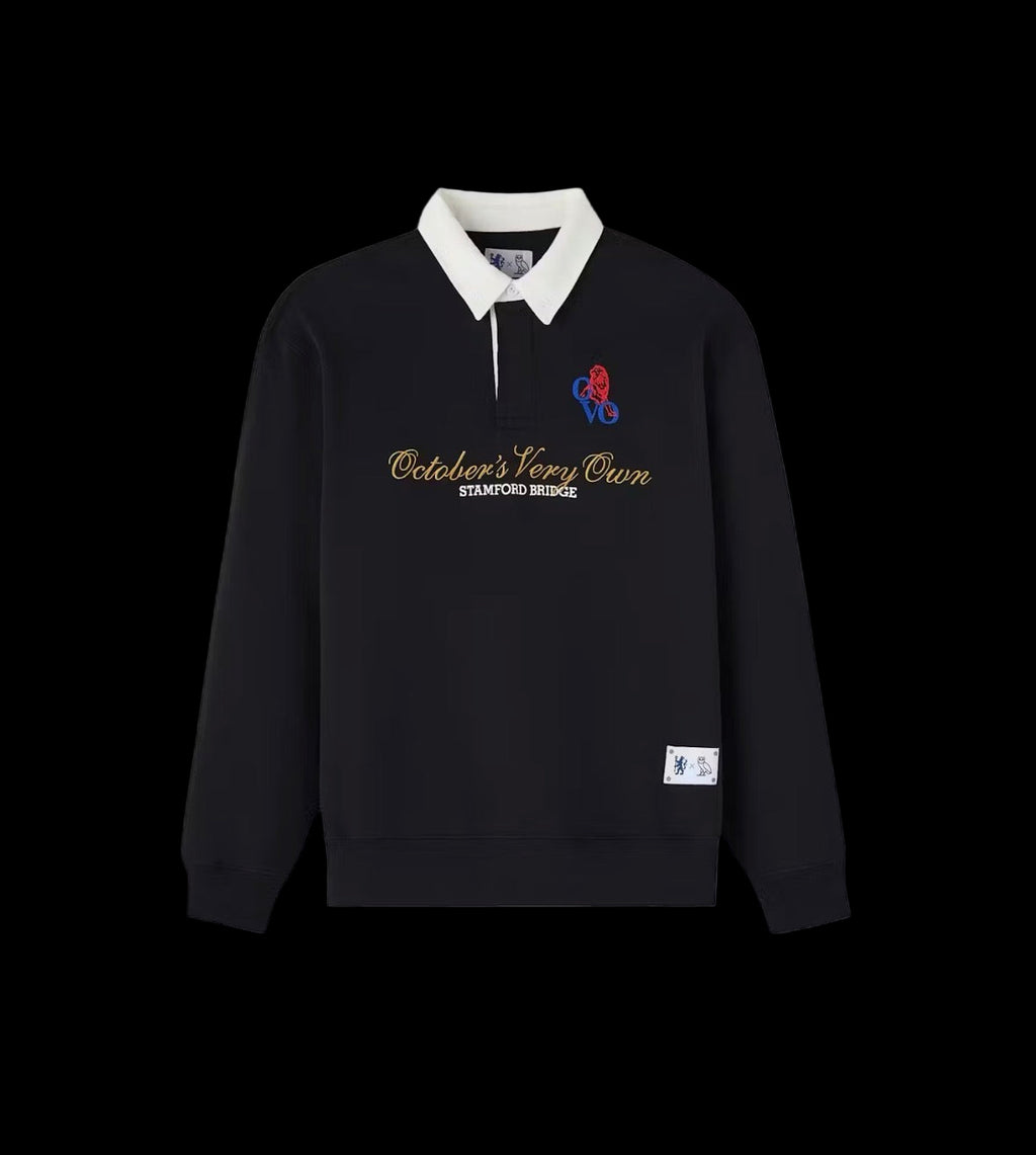 OVO x Chelsea FC Rugby Sweatshirt in faded wash with ribbed crewneck and short sleeves.