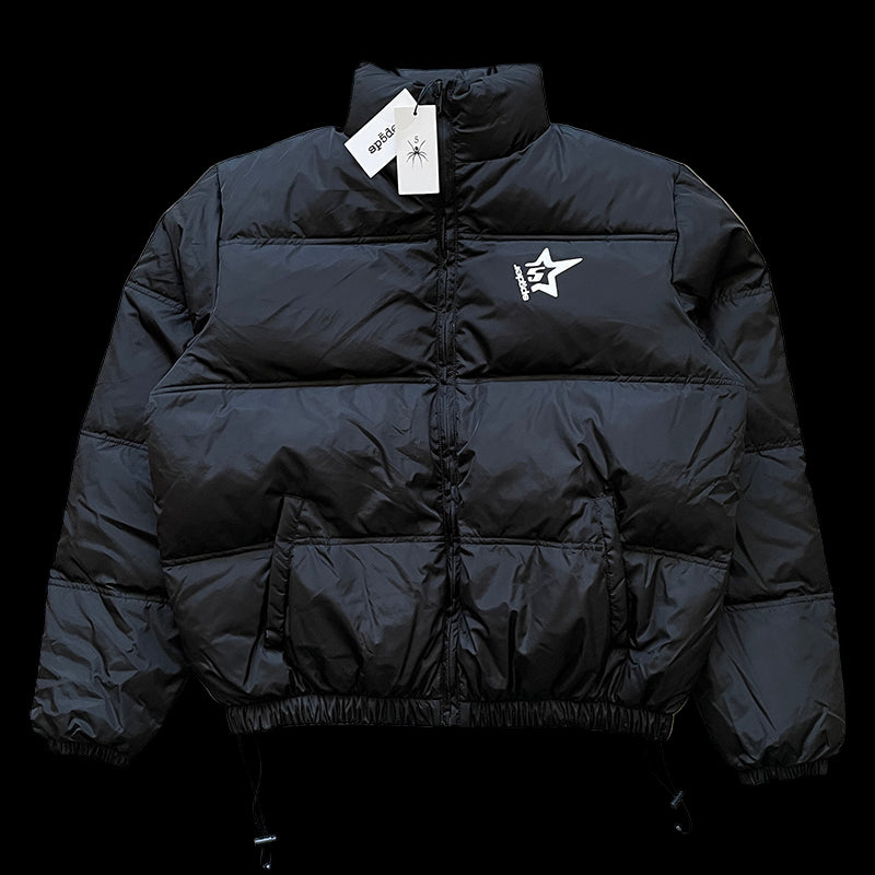 Black puffer jacket with a sleek design and high-quality craftsmanship for warmth and style.