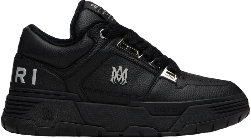 Amiri MA-1 black leather sneakers with silver logo details.