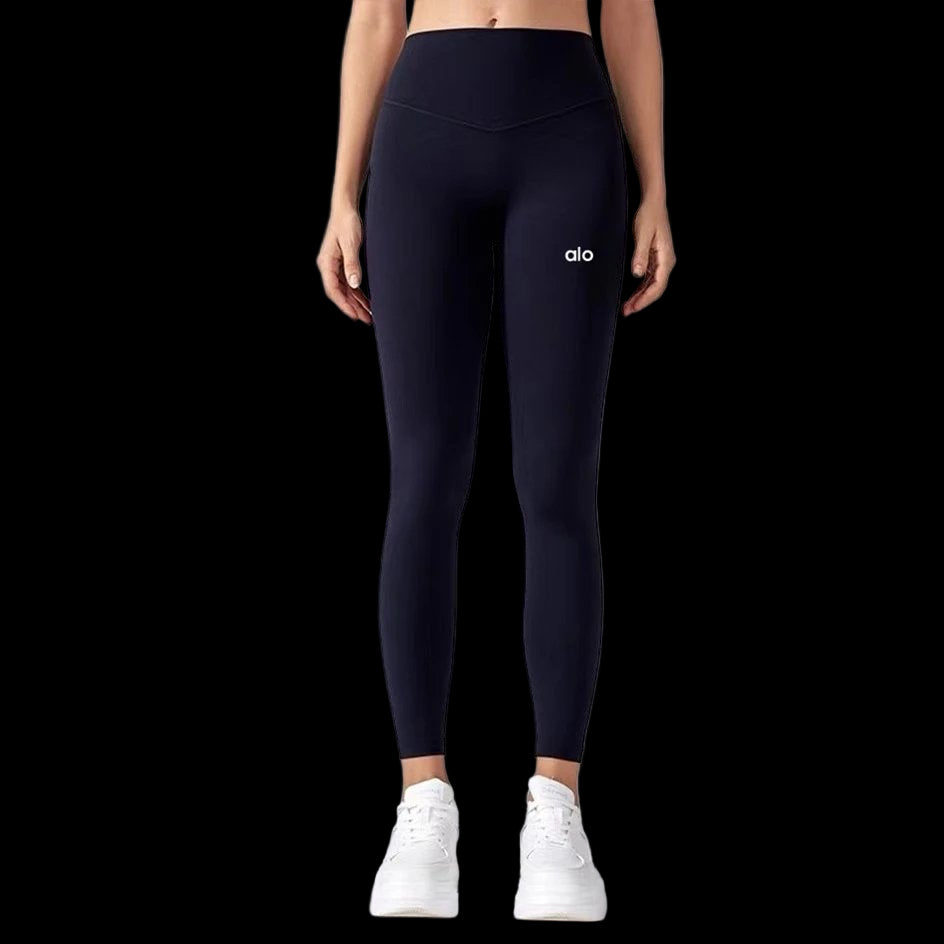 Black Alo Yoga Pants with a fitted design and high waistband, ideal for workouts.