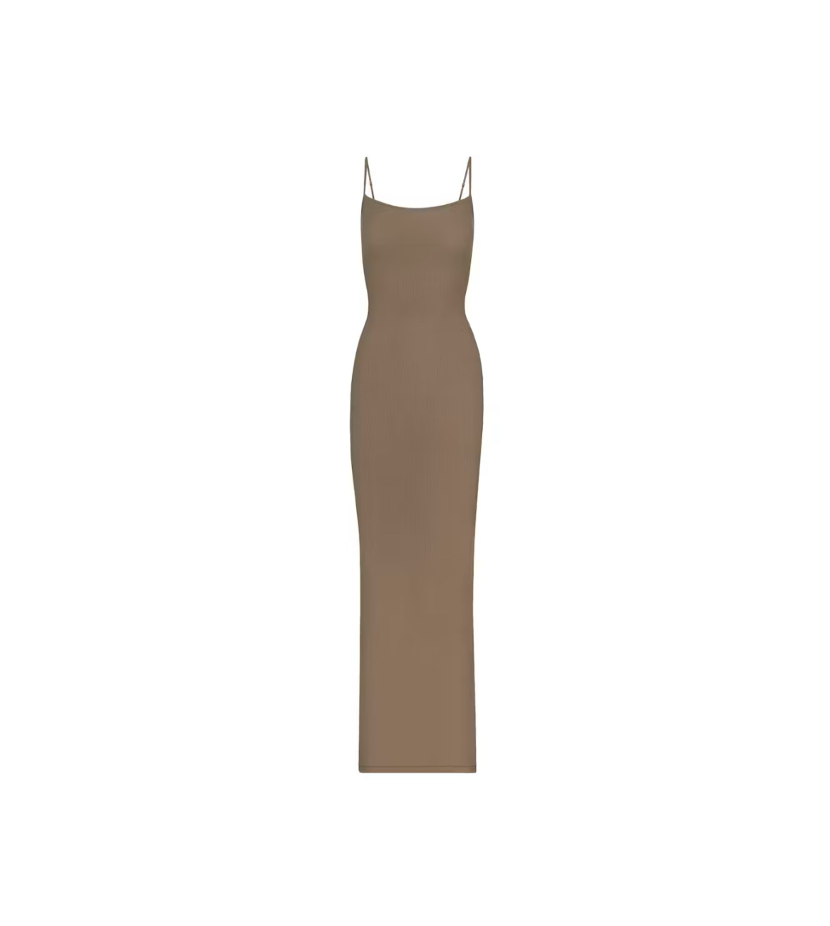 Petite long slip dress in smooth fabric with thin straps and a fitted silhouette.