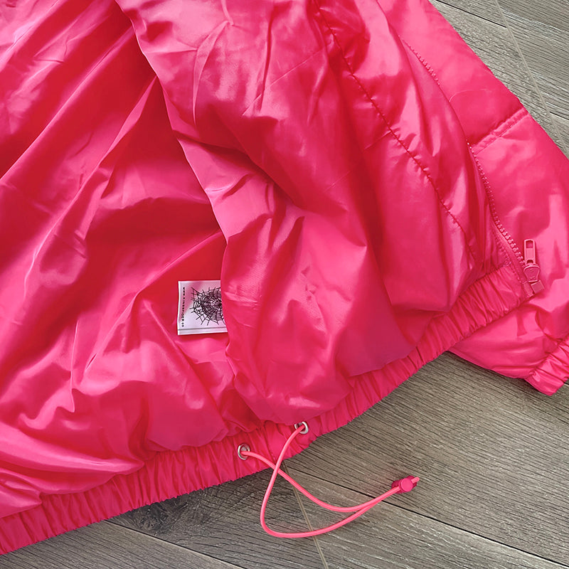 Pink Sp5der 5Star puffer jacket with quilted design and high collar for warmth and style