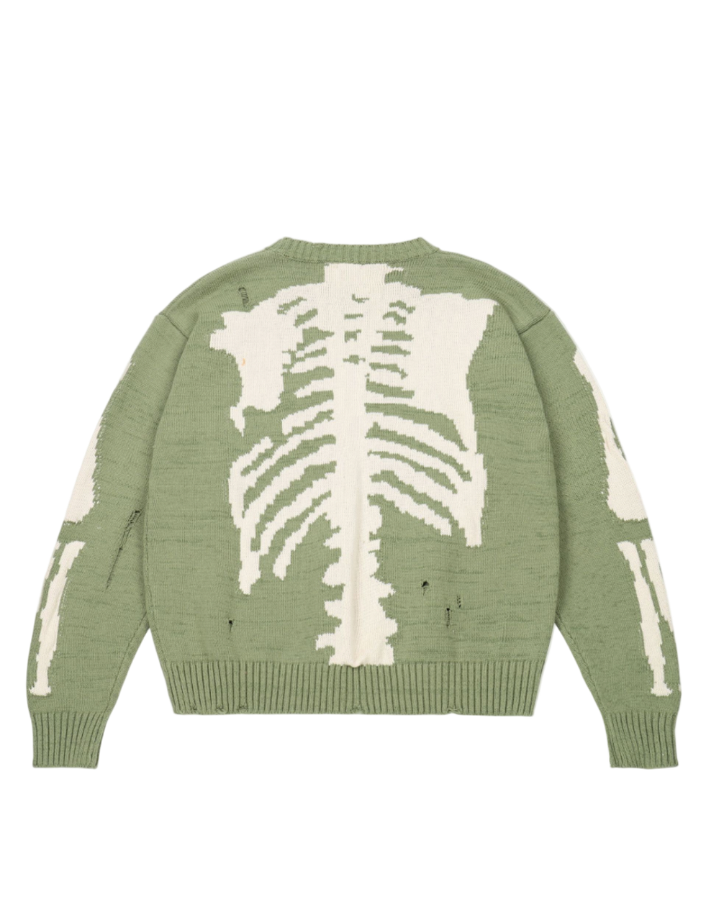 Kapital Kountry sweater with faded wash and ribbed crewneck featuring a skeleton graphic design