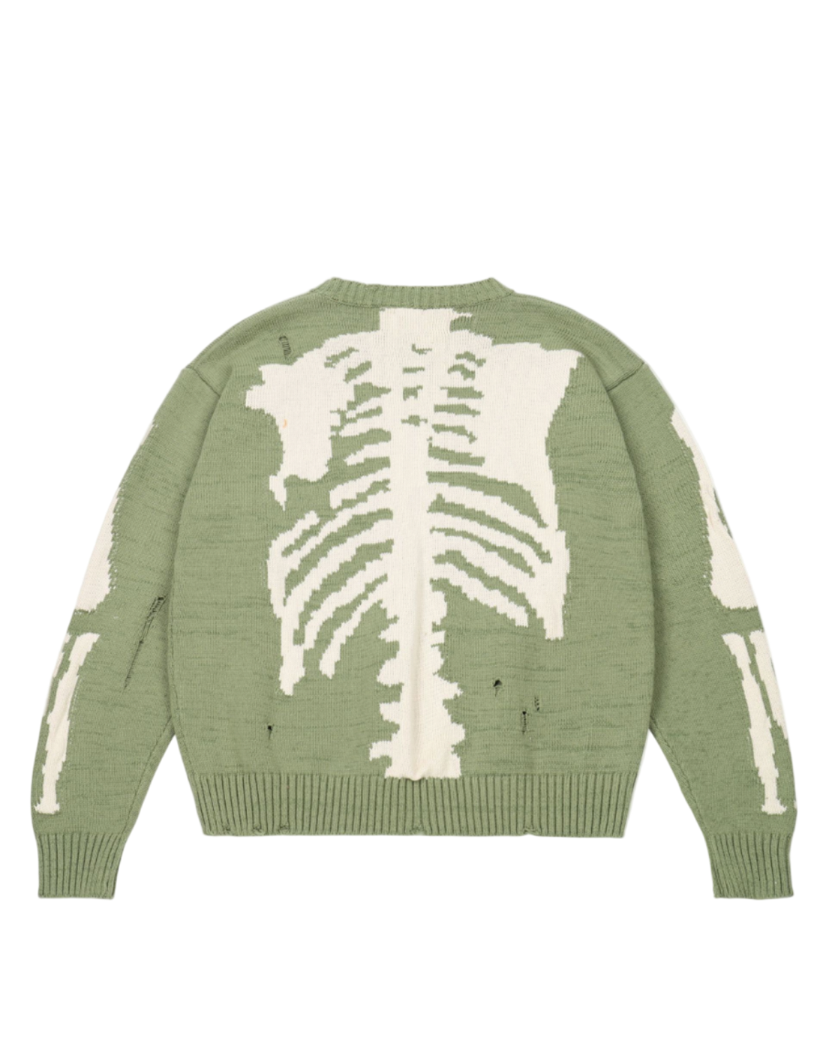 Kapital Kountry sweater with faded wash and ribbed crewneck featuring a skeleton graphic design