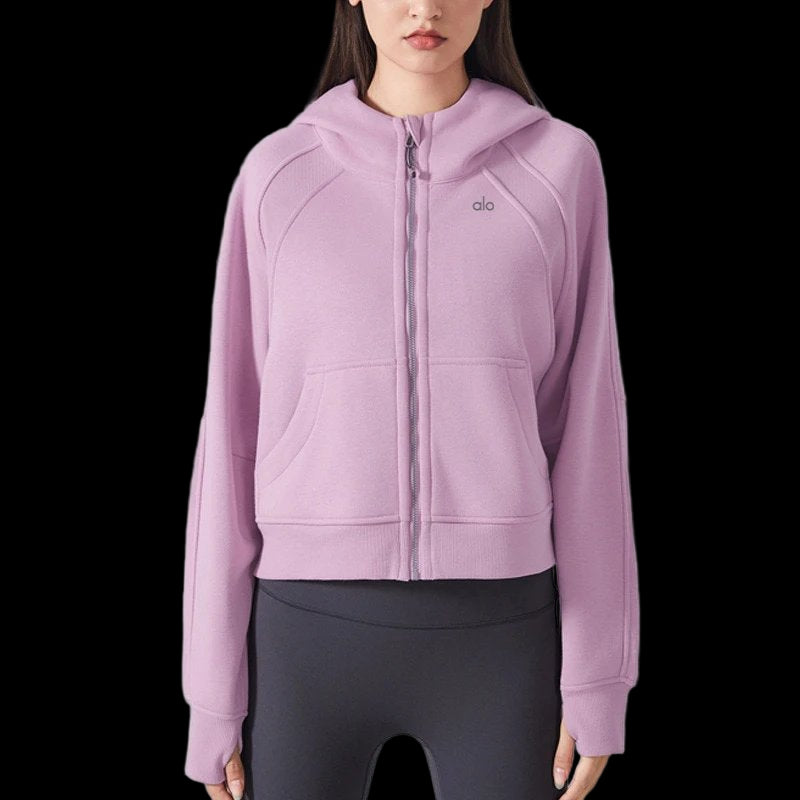 Alo hoodie zip-up with vintage wash, ribbed crewneck, short sleeves, and heavyweight cotton fabric