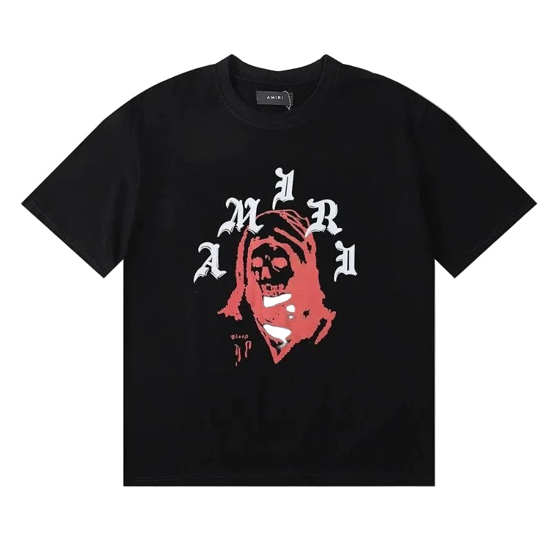 Amiri T-shirt in a vintage-inspired faded wash with a ribbed crewneck and short sleeves.