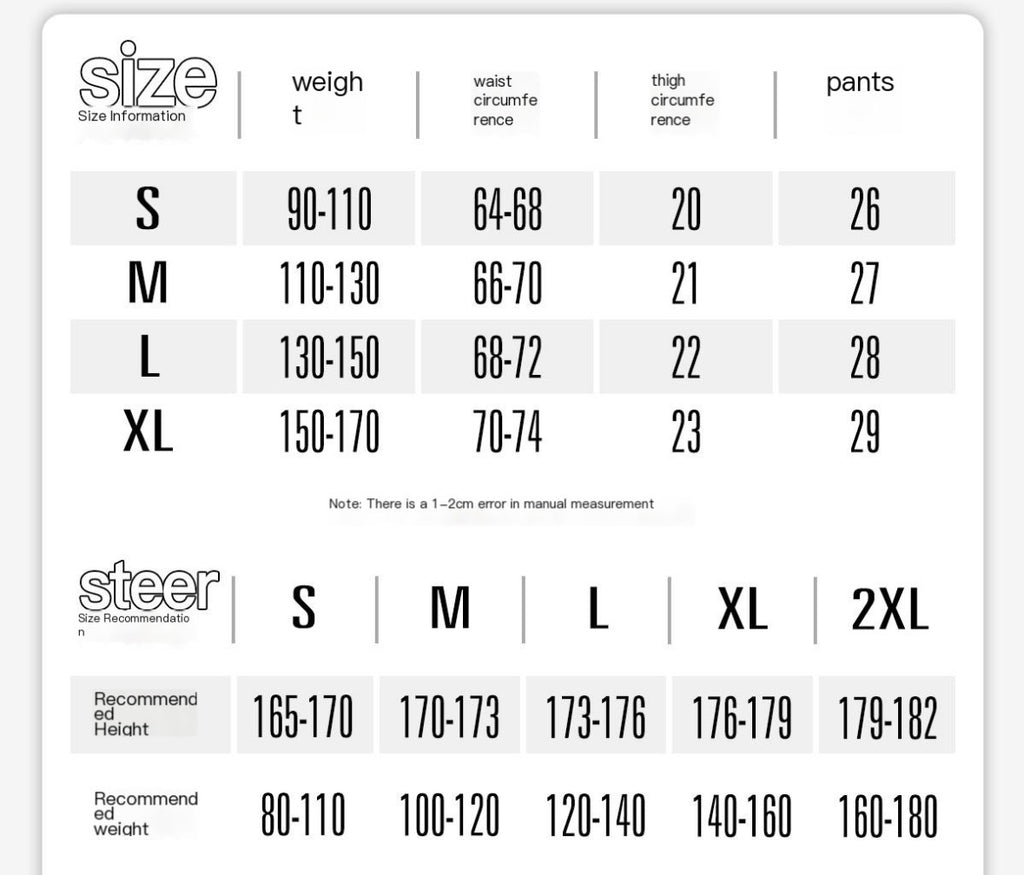 Size chart for underwear with measurements for weight, waist, thigh, and pants size.